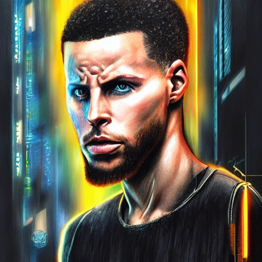 Portrait, male netrunner, angry,  Stephen curry, cyberpunk 2077 style, blade runner art, arasaka, coloured Pencil Sketch,  High detail, realistic, 4 k, real skin