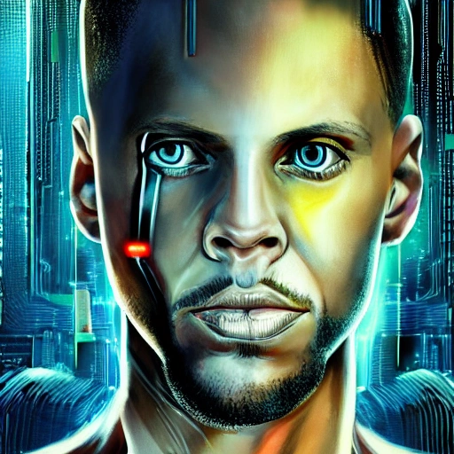 Portrait, male netrunner, angry,  Stephen curry, cyberimplants, cyberpunk 2077 style, blade runner art, arasaka, coloured Pencil Sketch,  High detail, realistic, 4 k, real skin