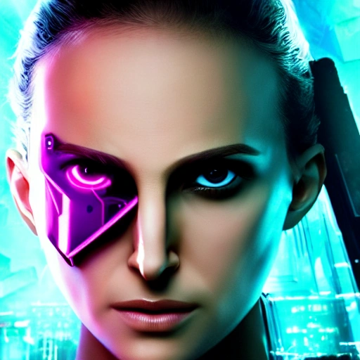 Portrait, female netrunner, angry,  Natalie Portman, High quality eyes, cyberpunk 2077 style, blade runner art, High quality photo style, High quality skin, High detail, realistic, 4 k, real skin