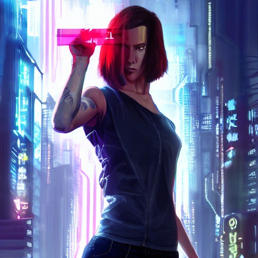 Portrait, female netrunner, angry,  you g bruce willis, High quality eyes, cyberpunk 2077 style, blade runner art, High quality photo style, High quality skin, High detail, realistic, 4 k, real skin