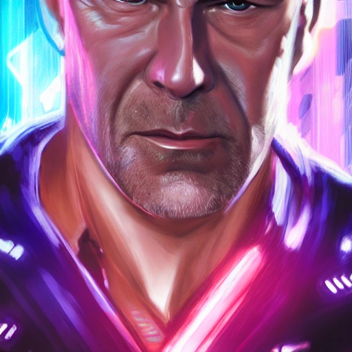 Portrait, male netrunner, angry,  you g bruce willis, High quality eyes, cyberpunk 2077 style, blade runner art, High quality photo style, High quality skin, High detail, realistic, 4 k, real skin