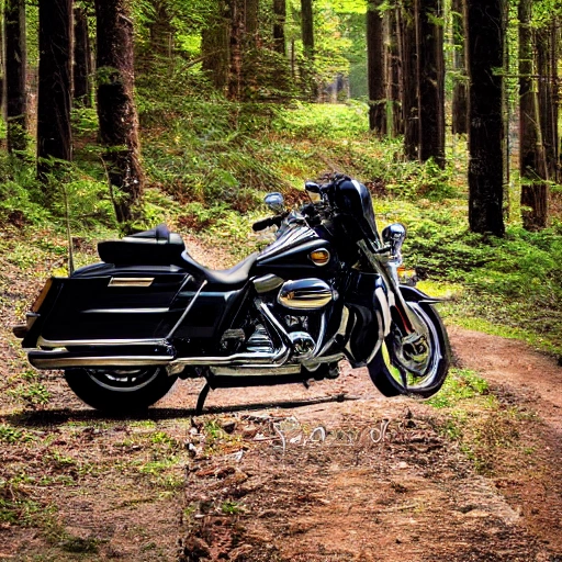 Harley Davidson motorbike in the forest. Ultrarealistic. Horizontal image 16:9