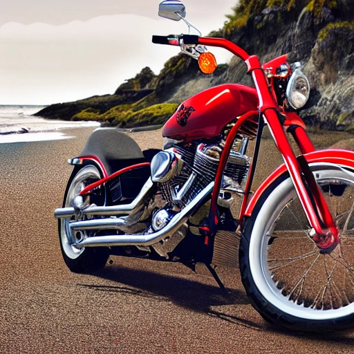 Harley Davidson red chopper motorbike in the beach. Ultrarealistic. Horizontal image 16:9