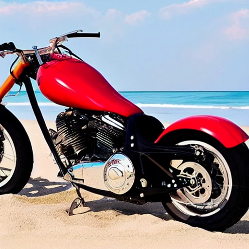 A girl with the minimum clothes on a red Harley Davidson chopper motorbike in the beach. Ultrarealistic. Horizontal image 16:9