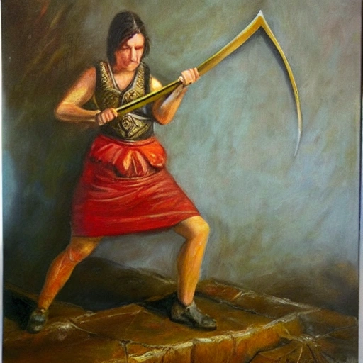 woman warrior with sword breaking stone, Oil Painting