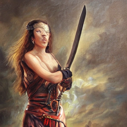 beautiful woman warrior with sword, breaking stone, Oil Painting