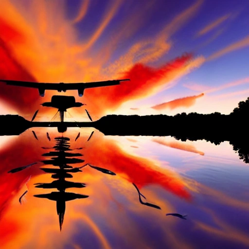 landscape lake plane combat sunset, 3D