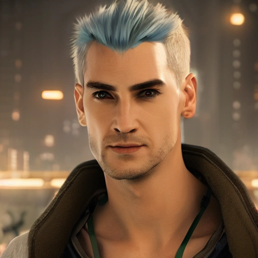 Portrait, male netrunner, angry, Legolas Greenleaf, High quality eyes, cyberpunk 2077 style, blade runner art, High quality photo style, High quality skin, High detail, realistic, 4 k, real skin