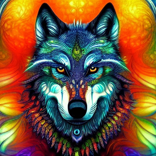 a perfect portrait of wolf, an extremely psychedelic experience, colorful, surreal, dramatic lighting, LSD, detailed face, intricate, elegant, highly detailed, digital painting, artstation, concept art, smooth, sharp focus, illustration

