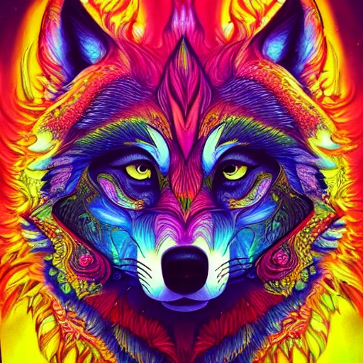 a perfect portrait of wolf, an extremely psychedelic experience, colorful, surreal, dramatic lighting, LSD, detailed face, intricate, elegant, highly detailed, digital painting, artstation, concept art, smooth, sharp focus, illustration

