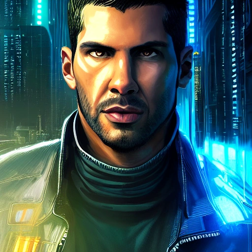 Portrait, male netrunner, angry, Jonathan Viera, High quality eyes, cyberpunk 2077 style, blade runner art, High quality photo style, High quality skin, High detail, realistic, 4 k, real skin