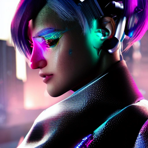 side close up portrait of 1 cyberpunk girl, spotlight, cyberpunk city, wired, multicolored, vibrant high contrast, hyperrealistic, photografic, 8k, epic ambient light, octane render