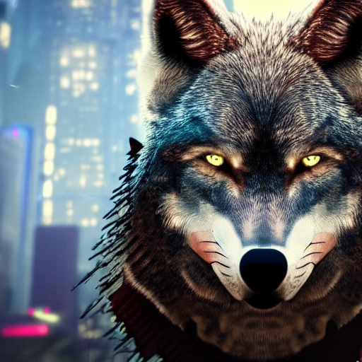 side close up portrait of 1 wolf, detailed face, spotlight, cyberpunk city, wired, multicolored, vibrant high contrast, hyperrealistic, photografic, 8k, epic ambient light, octane render, Water Color