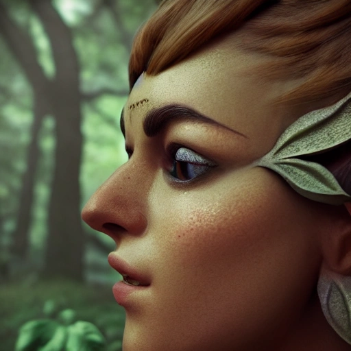 side close up portrait of 1 elven girl, detailed face, spotlight, forest, multicolored, hyperrealistic, photografic, 8k, epic ambient light, octane render
