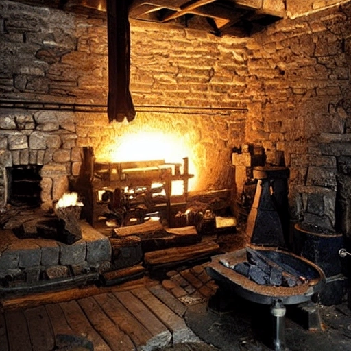 /Imagine Prompt: 1200s Smithy, dimly lit with forge fires, smoke filled air, Matte Painting.



