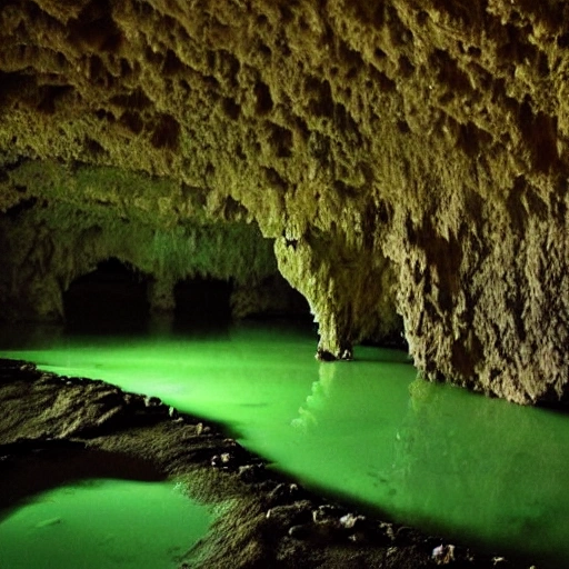 /Imagine Prompt: Limestone cave, dimly lit by glowing algae, damp, musty smell, Interior, Matte Painting.
