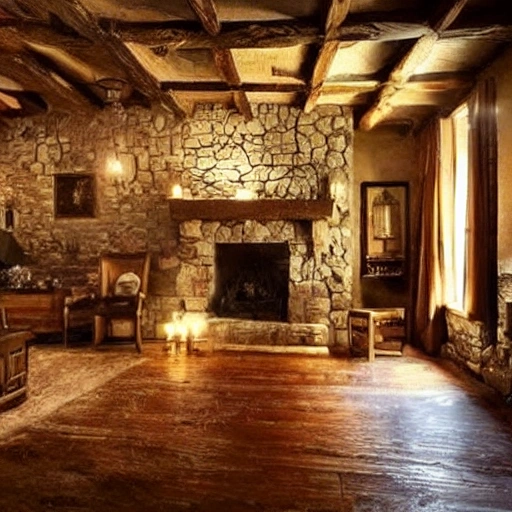 /Imagine Prompt: 1400s Inn, wooden beams, stone walls, warm fireplaces, flickering candlelight, Interior, Matte Painting.
