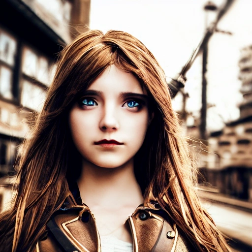 detailed, close up portrait of girl standing in a steampunk city with the wind blowing in her hair, cinematic warm color palette, spotlight, perfect symmetrical face