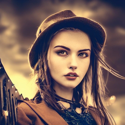 detailed, close up portrait of girl standing in a steampunk city with the wind blowing in her hair, cinematic warm color palette, spotlight, perfect symmetrical face