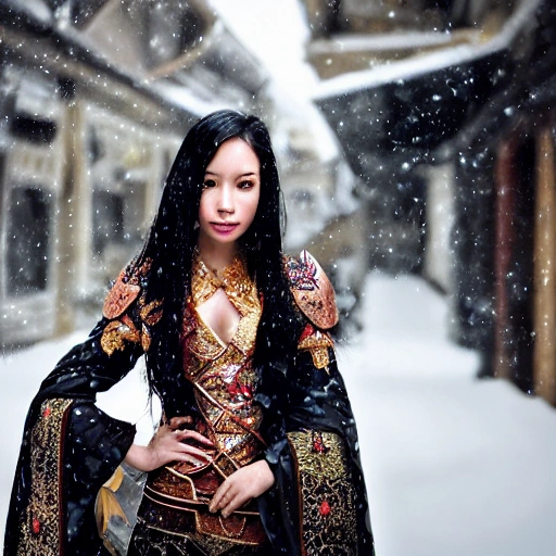 professional portrait photograph of a gorgeous Bali Kingdom Princess in armor with long wavy blackhair, ((sultry flirty look)), freckles, beautiful symmetrical face, cute natural makeup, wearing elegant winter fashion clothing, ((standing outside in snowy city street)), stunning modern urban upscale environment, ultra realistic, concept art, elegant, highly detailed, intricate, sharp focus, depth of field, f/1.8, 85mm, medium shot, mid shot, (centered image composition), (professionally color graded), ((bright soft diffused light)), volumetric fog, trending on instagram, trending on tumblr, hdr 4k, 8k