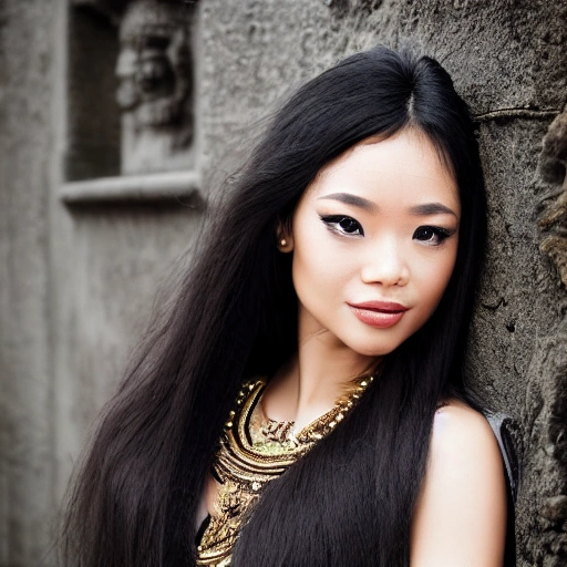 professional portrait photograph of a gorgeous Bali Kingdom Princess in armor with long wavy blackhair, ((sultry flirty look)), freckles, beautiful symmetrical face, cute natural makeup, wearing elegant bali kingdom fashion clothing, ((standing outside in snowy city street)), stunning stone temple upscale environment, ultra realistic, concept art, elegant, highly detailed, intricate, sharp focus, depth of field, f/1.8, 85mm, medium shot, mid shot, (centered image composition), (professionally color graded), ((bright soft diffused light)), volumetric fog, trending on instagram, trending on tumblr, hdr 4k, 8k