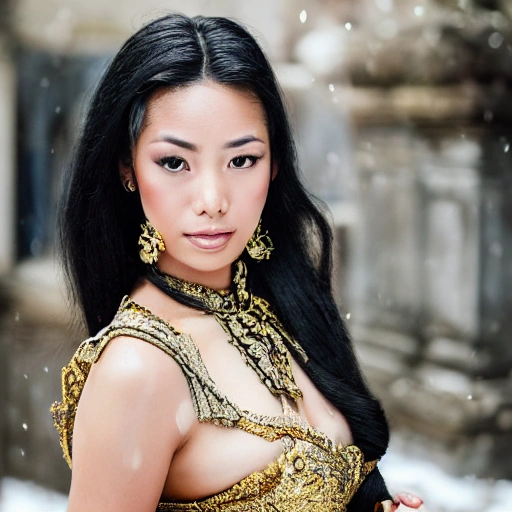 professional portrait photograph of a gorgeous Bali Kingdom Princess in armor with long wavy blackhair, ((sultry flirty look)), freckles, beautiful symmetrical face, cute natural makeup, wearing elegant bali kingdom fashion clothing, ((standing outside in snowy city street)), stunning stone temple upscale environment, ultra realistic, concept art, elegant, highly detailed, intricate, sharp focus, depth of field, f/1.8, 85mm, medium shot, mid shot, (centered image composition), (professionally color graded), ((bright soft diffused light)), volumetric fog, trending on instagram, trending on tumblr, hdr 4k, 8k