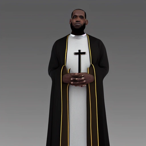 /Imagine Prompt: Full body, LeBron James as a 1300s Medieval Priest, wearing a long black cassock, white collar, and a cross, on a White Background, Hyper realistic 4K model, unreal engine.