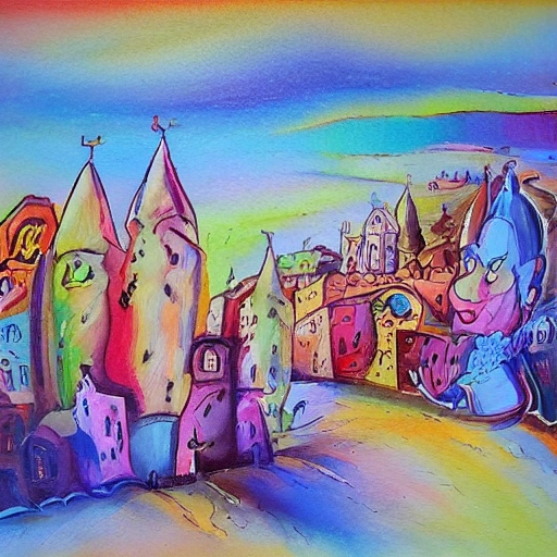 noapte în Vinaros , Cartoon, Oil Painting, Trippy, Water Color