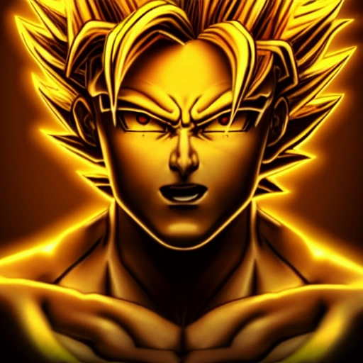 Portrait of sun goku face with glowing golden super saiyan hair, 3D, 8K, 