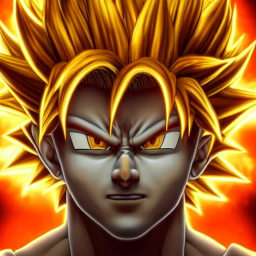 Portrait of sun goku face with glowing golden super saiyan 3 hair, 8k, 3d, detailed, realistic