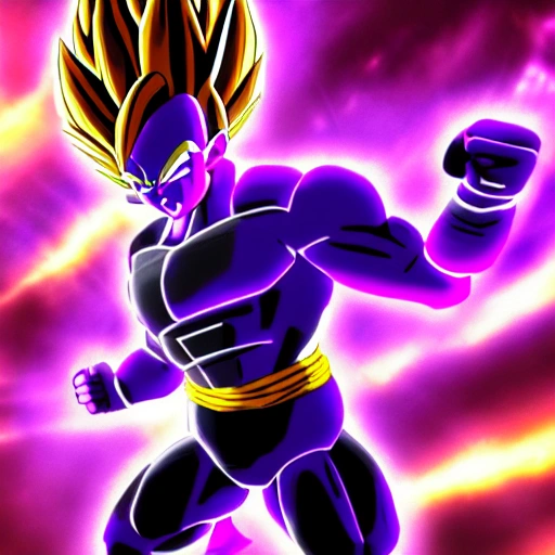 Vegeta with new form of super saiyan 3 with purple energy aura around his body, detailed, 3d, render, 8k
