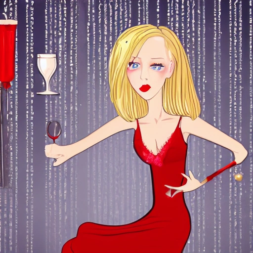 blonde woman silver eyes wearing a long flowing red dress, requesting a cocktail at a bar, on new years eve, in a bladerunner dystopian future