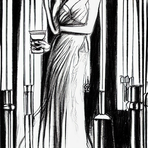 blonde woman silver eyes wearing a long flowing red dress, requesting a cocktail at a bar, on new years eve, in a bladerunner dystopian future, Pencil Sketch