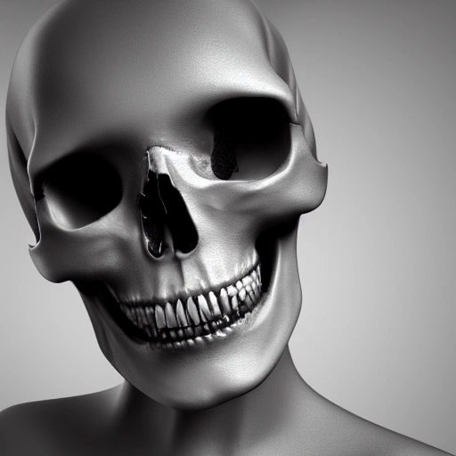 Detailed side portrait of female human skull made from chromed titanium with detailed form of teeth, 3d, super realistic, portrait, 8k