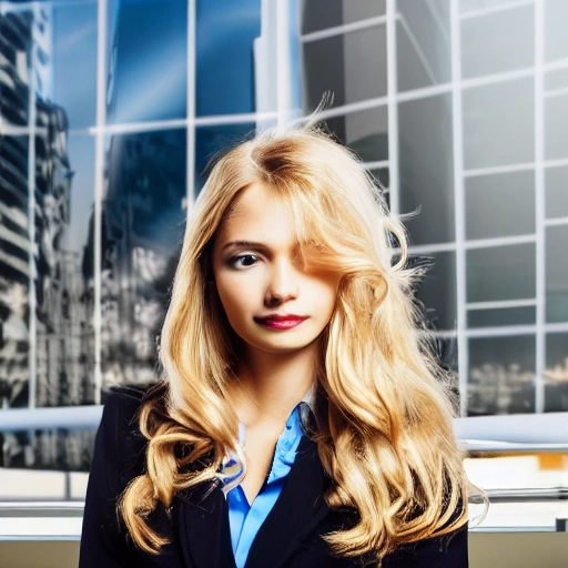 portrait of a pretty office lady, long wavy blond hair, in office suit, detailed face, looing at the viewer, offce buildings in the background, blurred background, sharp focus, intricate, photographic, award winning photograph, 8k wallpaper, professional studio llghting, trending on artstation