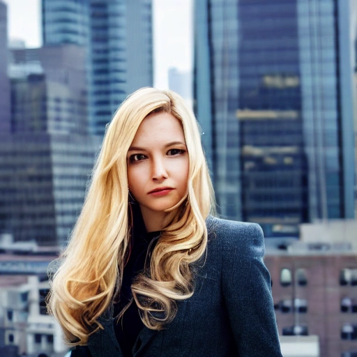 portrait of a pretty office lady, long wavy blond hair, in office suit, detailed face, looing at the viewer, offce buildings in the background, blurred background, sharp focus, intricate, photographic, award winning photograph, 8k wallpaper, professional studio llghting, trending on artstation