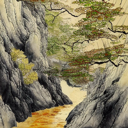 cascading plateaus with japanes maple trees inside a crevice, soft illumination, Impressionism, Traditional Chinese Ink painting, trending in Artstation