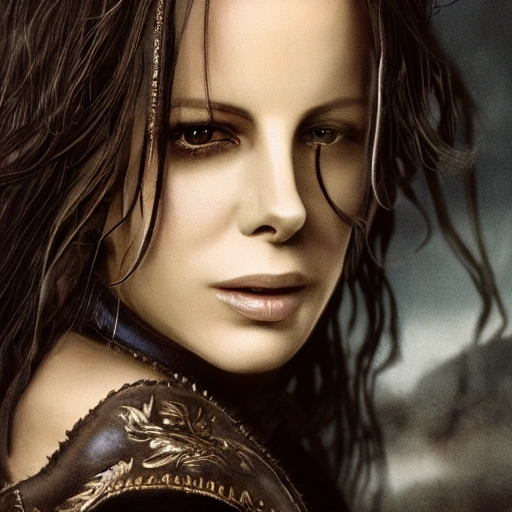 Close-up Portrait of a young woman, beautiful, Kate Beckinsale, black hair, Piratess like Mary Read, highly detailed leather clothing, high details, perfect and intricate composition, beautiful detailed octane trendy rendering on the art station, fine art photography 8k art, photorealistic concept art, perfect cinematic soft lighting, natural, cinematic volumetric, chiaroscuro, award winning photography, masterpiece, trending art station, sharp focus, intricate detail, academic figurative, painting by Simon Bisley, Oil Painting