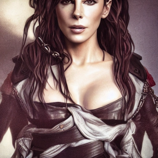 Close-up Portrait of a young woman, beautiful, Kate Beckinsale, black hair, Piratess like Mary Read, highly detailed leather clothing, high details, perfect and intricate composition, beautiful detailed octane trendy rendering on the art station, fine art photography 8k art, photorealistic concept art, perfect cinematic soft lighting, natural, cinematic volumetric, chiaroscuro, award winning photography, masterpiece, trending art station, sharp focus, intricate detail, academic figurative, painting by Simon Bisley, Oil Painting, Water Color