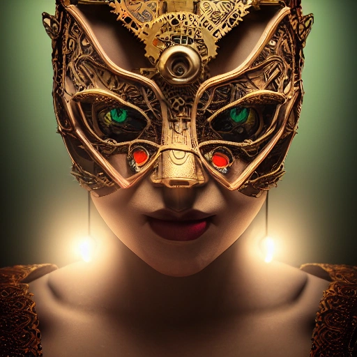 ballerina points, steampunk tribal mask, russian pottery, vivid colors, wood, metal, intricate details, blonde hair, trending on cgsociety, concept art, glowing eyes, sharp focus, ultra realistic details, cinematic atmosphere, global illumination, shadows, octane render, 8 k, green eyes