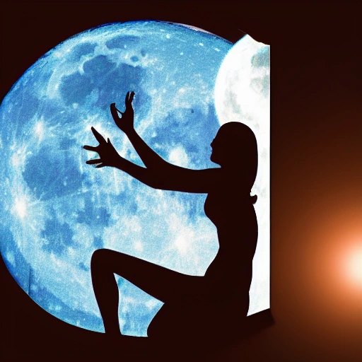 silhouette hiperealistic  of blue woman and her back illuminated by the moon