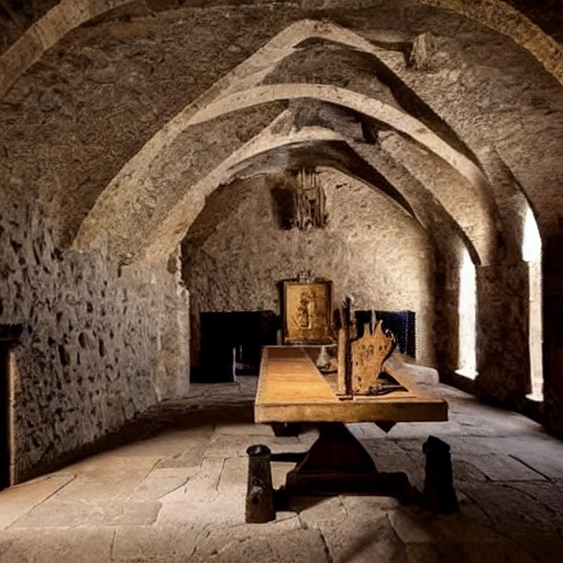 A medieval castle antechamber is a dimly lit room near the entrance with stone walls, minimal furnishings such as benches, fireplace, table with map/tapestry and weapons on display, guarded by castle guards, and has doors leading to the outside and deeper into the castle.
