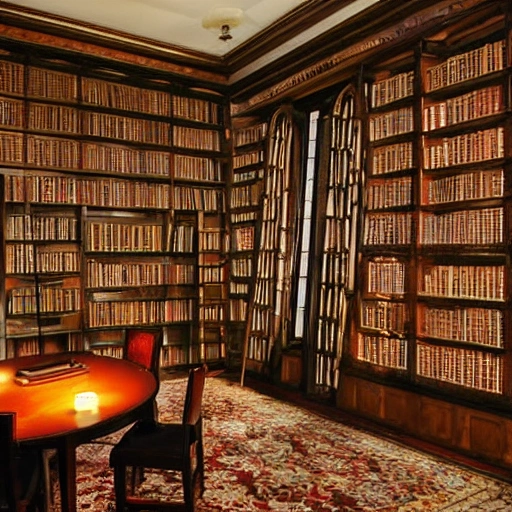 room dedicated to books, shelves lined with leather-bound books/scrolls, wooden tables/chairs for reading/studying, windows with stained glass, oil lamps/candles, fireplace, ladder, librarian/scribe, rare/valuable books under lock and key.