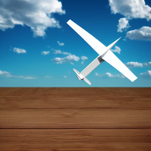 digital illustration 4k rendering, blue sky with clouds, a flying piece of cloth in the background, paper plane flying, a wooden plane model, a drone