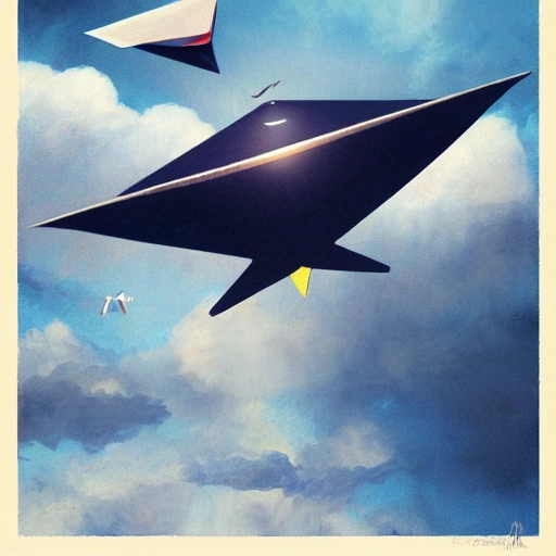 a flying small piece of cloth, overlooking the entirety of the blue sky with clouds, paper planes flying in the background, wooden plane models flying in the background, drones flying in the background, digital painting by greg rutkowski and gaston bussiere, brightly radiant atmosphere, overcast sky