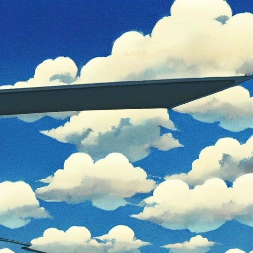 a flying small piece of cloth, overlooking the entirety of the blue sky with clouds, technological innovation of planes, studio ghibli, spirited away, brightly radiant atmosphere, overcast sky