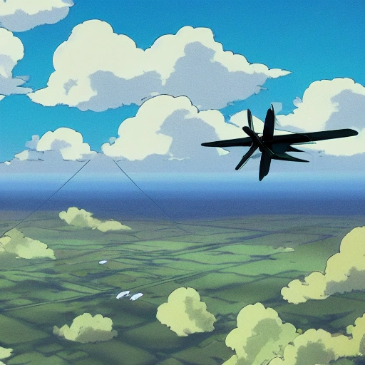 a flying small piece of cloth, overlooking the entirety of the blue sky with clouds, technological innovation of planes, studio ghibli, spirited away, brightly radiant atmosphere, overcast sky