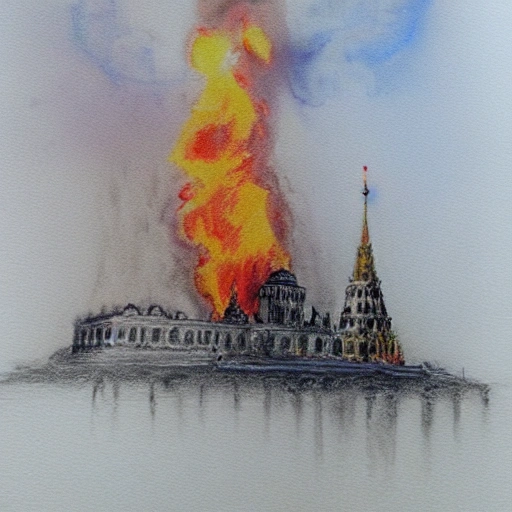 Moskow in fire, Pencil Sketch, Putin killer, Water Color