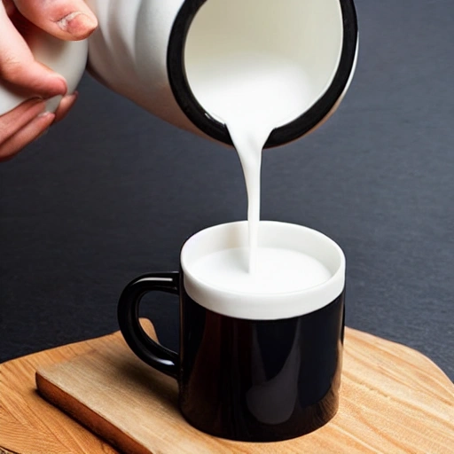 pour the milk from the bottle into a black mug, detailed