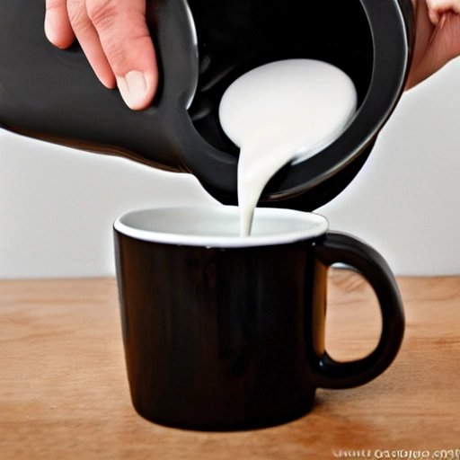 pour the milk from the bottle into a black mug, detailed